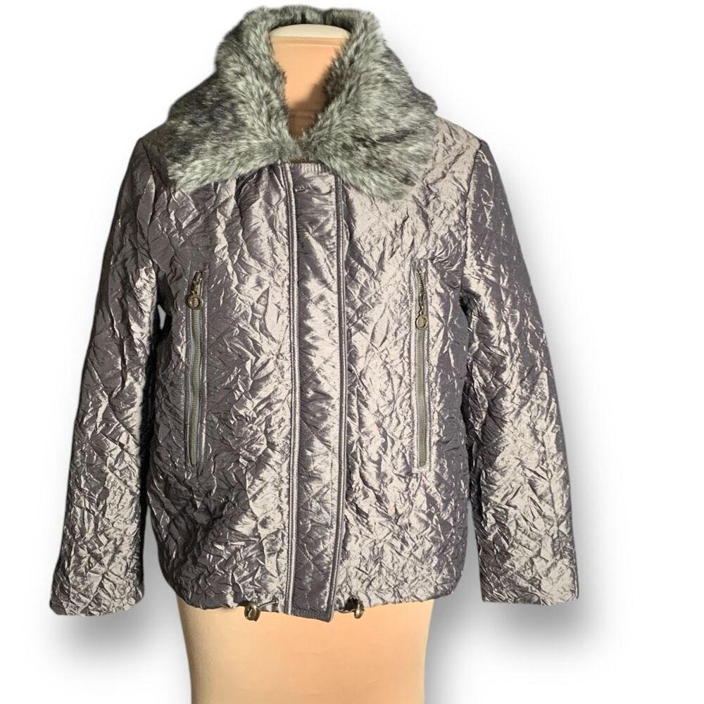 Madison Hill Metallic Quilted Zip Front Jacket Removable Faux Fur Collar Size XL